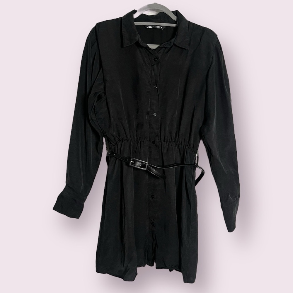Zara Black Long Sleeve Belted Button Up Dress Small